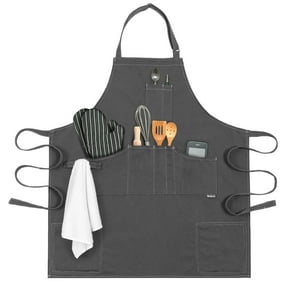 OPUX Chef Apron for Men, Canvas Apron with Pockets for Women, Large BBQ Apron for Kitchen Grilling Baking, Heavy Duty Work Apron with Adjustable Neck Strap for Barber Gardening, Grey