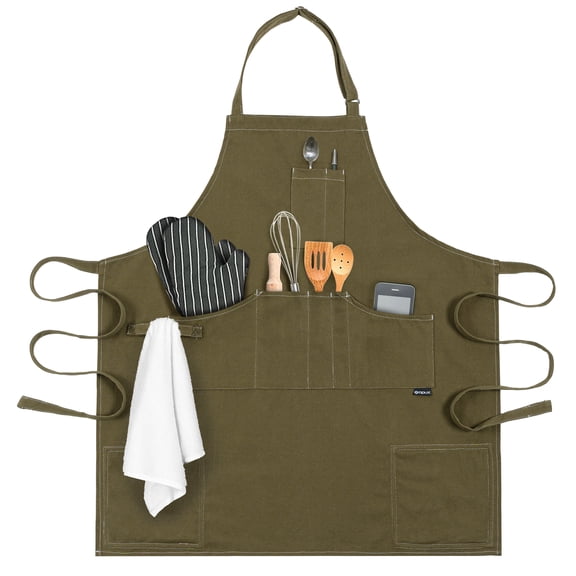 OPUX Chef Apron for Men, Canvas Apron with Pockets for Women, Large BBQ Apron for Kitchen Grilling Baking, Heavy Duty Work Apron with Adjustable Neck Strap for Barber Gardening, Olive