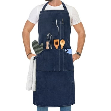 OPUX Chef Apron for Men, Kitchen Apron with Pockets for Women, Large Unisex Canvas Apron for Cooking Grilling BBQ Baking, Heavy Duty Apron for Work, Navy Blue