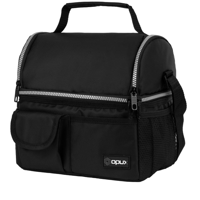 OPUX Insulated Dual Compartment Lunch Bag for Men, Women | Double Deck Reusable Lunch Pail Cooler Bag with Shoulder Strap, Soft Leakproof Liner | Large Lunch Box Tote for Work, School (Black)