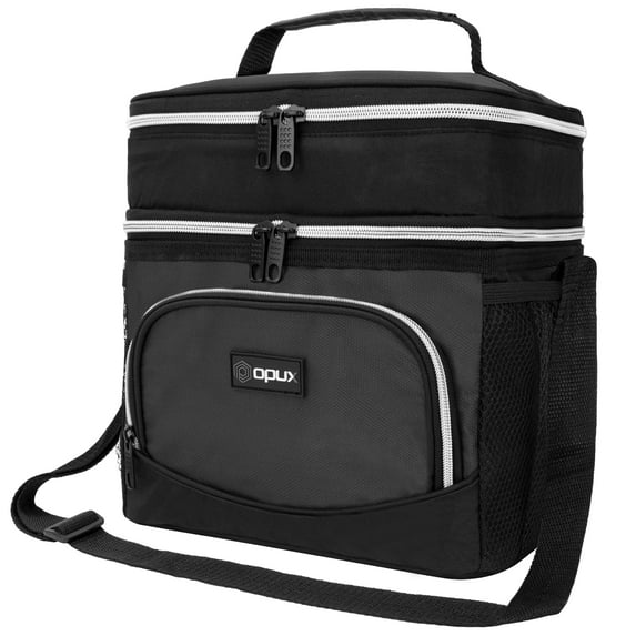 OPUX Insulated Dual Compartment Lunch Box for Men Women | Leakproof Double Deck Lunch Bag Work Office | Soft Cooler Tote Shoulder Strap Adult | Reusable Thermal Lunch Pail Kit 12 Cans, Gray