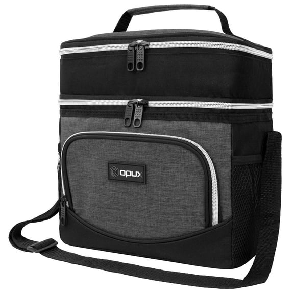 OPUX Insulated Dual Compartment Lunch Box Men Women | Leakproof Double Deck Lunch Bag Work Office | Soft Cooler Tote Shoulder Strap Adult | Reusable Thermal Lunch Pail Kit 12 Can, Dark Gray