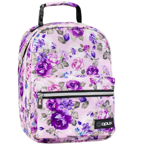OPUX Insulated Flower Lunch Box for Girls Boys, Leakproof Lunch Bag for Kids Teens, Reusable Lunch Pail Cooler Tote for Work Women Adults, Back to School Gift, Backpack Shape Lunchbox, Floral Purple