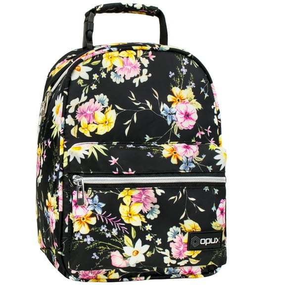 OPUX Insulated Flower Lunch Box for Girls Boys, Leakproof Lunch Bag for Kids Teens, Reusable Lunch Pail Cooler Tote for Work Women Adults, Back to School Gift, Backpack Shape Lunchbox, Floral Black