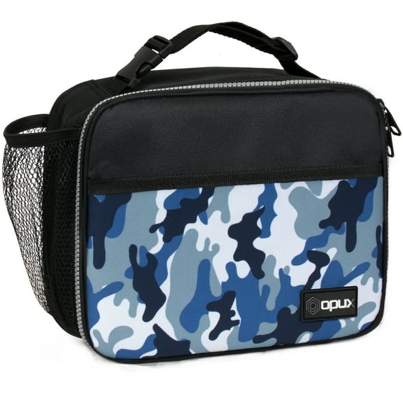 OPUX Insulated Lunch Bag Kids, Lunch Box for School Boy Girl, Leakproof Small Reusable Compact Soft Mini Cooler Bag, Toddler Small Lunch Boxes Kit Pail with Front Side Pockets (Camo Blue)