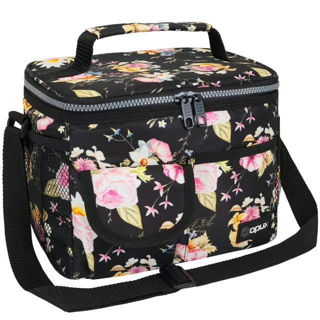 OPUX Insulated Lunch Bag for Men Women, Leakproof Thermal Lunch Box Work School, Soft Lunch Cooler Bag with Adjustable Shoulder Strap for Adult Kid Boy Girl, Reusable Lunch Pail, Black Floral