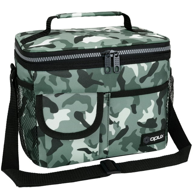 OPUX Insulated Lunch Bag for Men Women, Leakproof Thermal Lunch Box Work School, Soft Lunch Cooler Bag with Adjustable Shoulder Strap for Adult Kid Boy Girl, Reusable Lunch Pail, Camo Green
