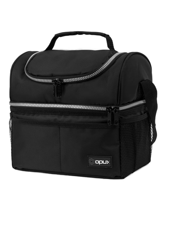 OPUX Lunch Box For Men Women, Insulated Large Lunch Bag Adult Work, Double Decker Lunchbox Meal Prep, Dual Compartment Leakproof Lunch Cooler, Soft Lunch Pail Tote Boys Girls Kids School, Black 12L