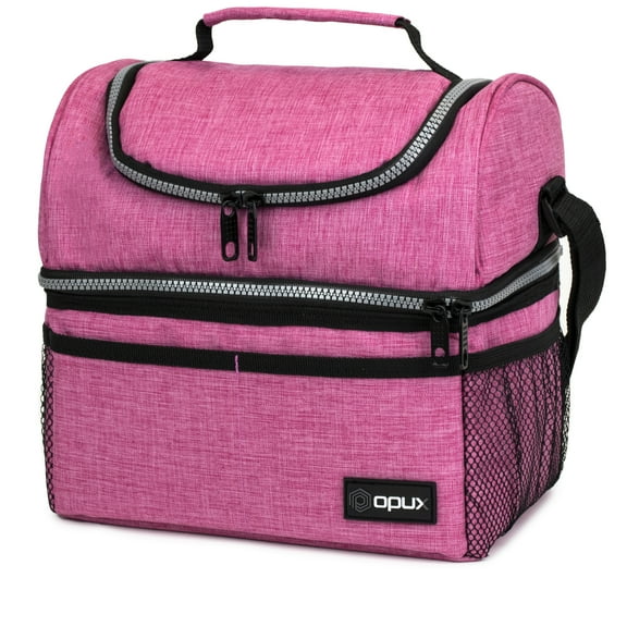 OPUX Lunch Box For Women, Insulated Large Lunch Bag Adult Work, Double Decker Lunchbox Meal Prep, Dual Compartment Leakproof Lunch Cooler, Soft Lunch Pail Tote for Girls, Kids, School (Pink, 16 Cans)
