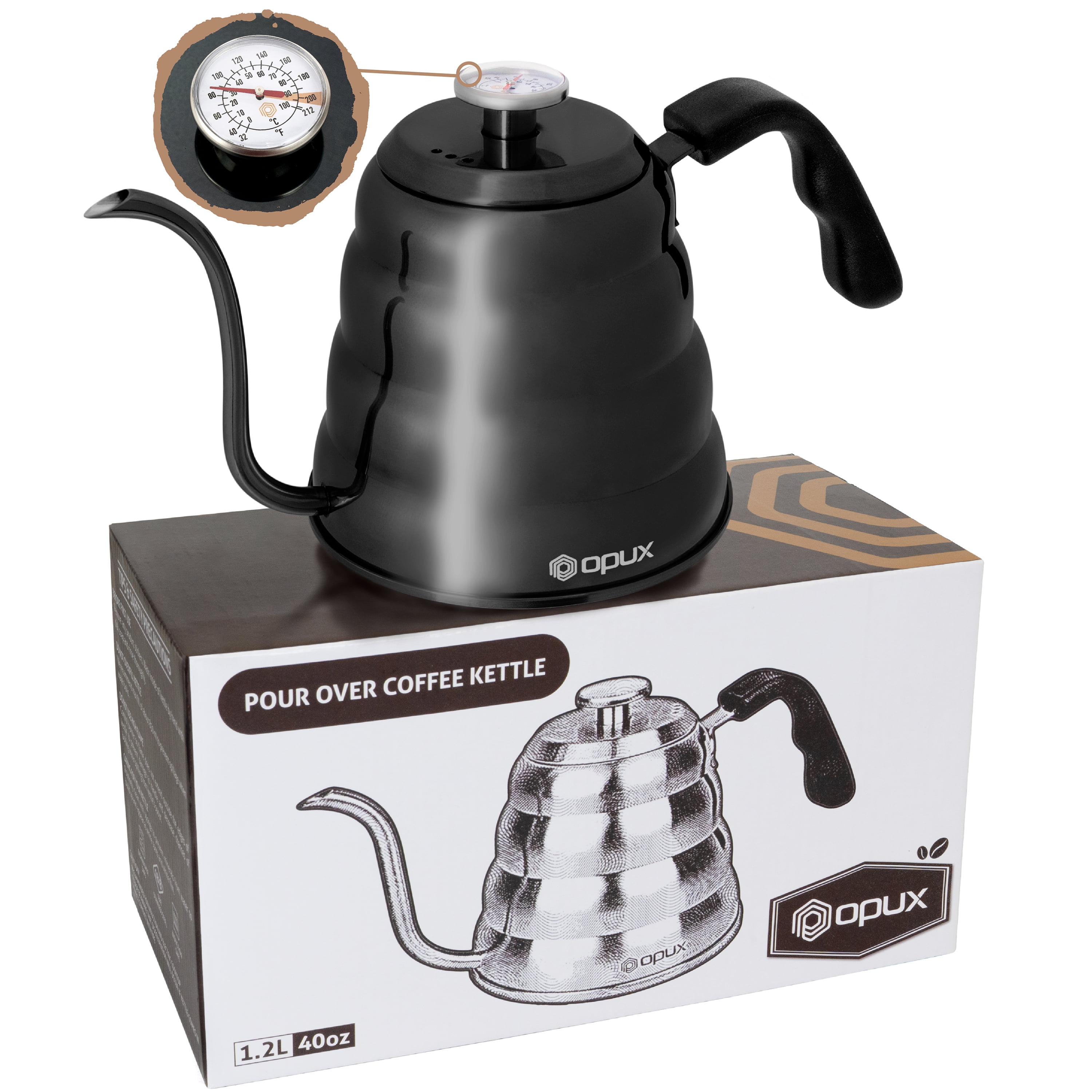 Pour Over Coffee Kettle with Thermometer for Exact Temperature 40 fl oz -  Premium Stainless Steel Gooseneck Tea Kettle for Drip Coffee, French Press