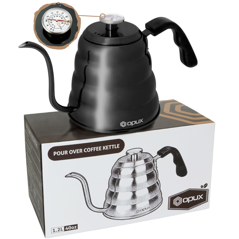 Pour Over Kettle Stovetop Coffee Pot - Gooseneck Kettle with Thermometer-  Black Stainless Steel Tea Kettle,Induction Teapot for All Stove Top Goose