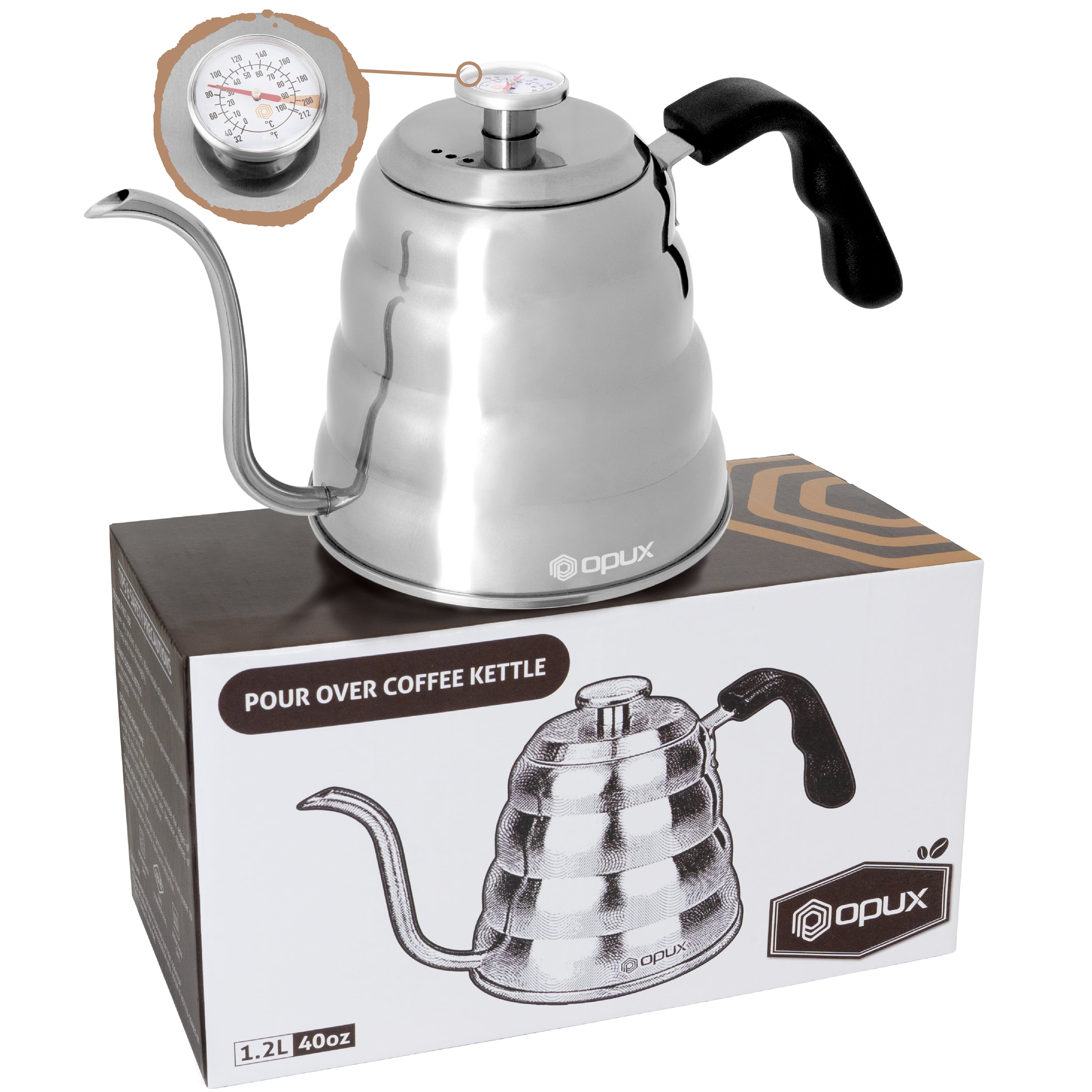 IKAPE Pour Over Coffee Kettle, Gooseneck Tea Kettle, 40 oz with Thermometer(Silver)