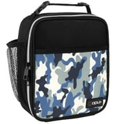 OPUX Insulated Lunch Bag for Kids Boys Girls, Small Compact Lunch Box with Wide Opening & Mesh Pockets, Reusable Lunch Pail for School, Work, Adults, Men, Women, Camo Blue