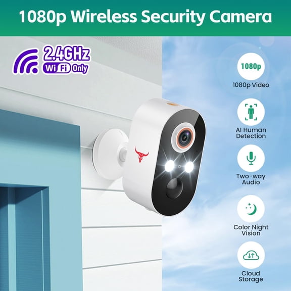 OPVM-1080p Wireless Security Camera with AI Human Detection, Night Vision, 2-Way Talk, Cloud Storage, 2.4G WiFi Only, Battery Camera for Home Security (2 Spotlights)