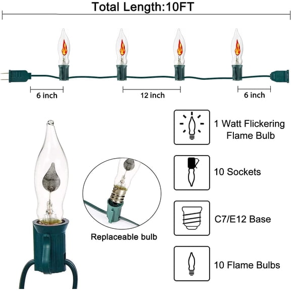 OPVM-10Ft Flicker Flame String Lights - Amber Flickering Christmas Lights with 10 Flame Bulbs for Indoor/Outdoor Decoration, Green Wire