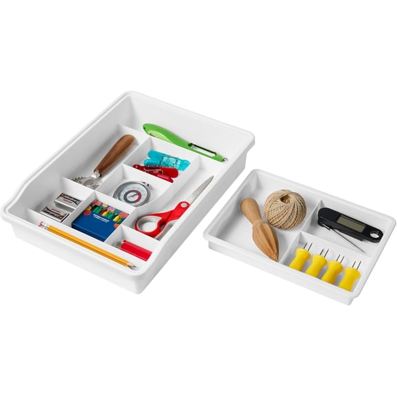 OPVM-12-Compartment Junk Drawer Organizer with Sliding Top Tray, Multipurpose Storage Bin Solution for Kitchen, Office, Bathroom, 15.2", 11.1", 3.1", White
