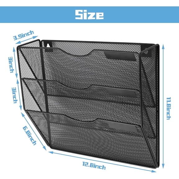 OPVM-3 Tier Hanging Wall File Holder, Metal Mesh File Organizer, Mail Organizer, Wall Mounted Magazine Storage Rack, Magazine Holder Vertical Wall Mounted Mesh Hanging File Folders Paper Organizer