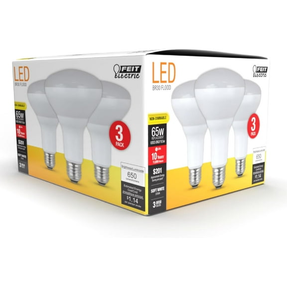 OPVM-BR30 LED Light Bulbs, 65W Equivalent, Non Dimmable, 10 Year Life, 650 Lumens, 2700K Soft White, E26 Base Recessed Can Light Bulbs, Flood Light Bulbs, Damp Rated, 3 Pack, BR30/10KLED/3