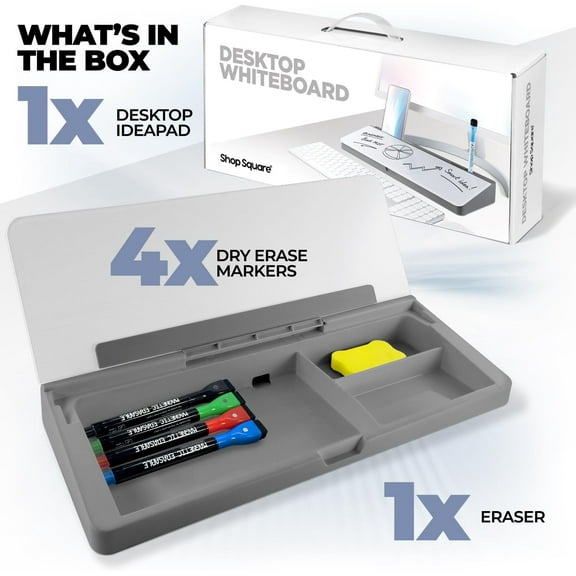 OPVM-Desktop Whiteboard - Glass Dry Erase White Board - Desk Computer Buddy Home Office & Studying Essentials - Desktop Pad with Phone & Tablet Slot, Storage Compartment - Includes 4 Markers, 1 Era