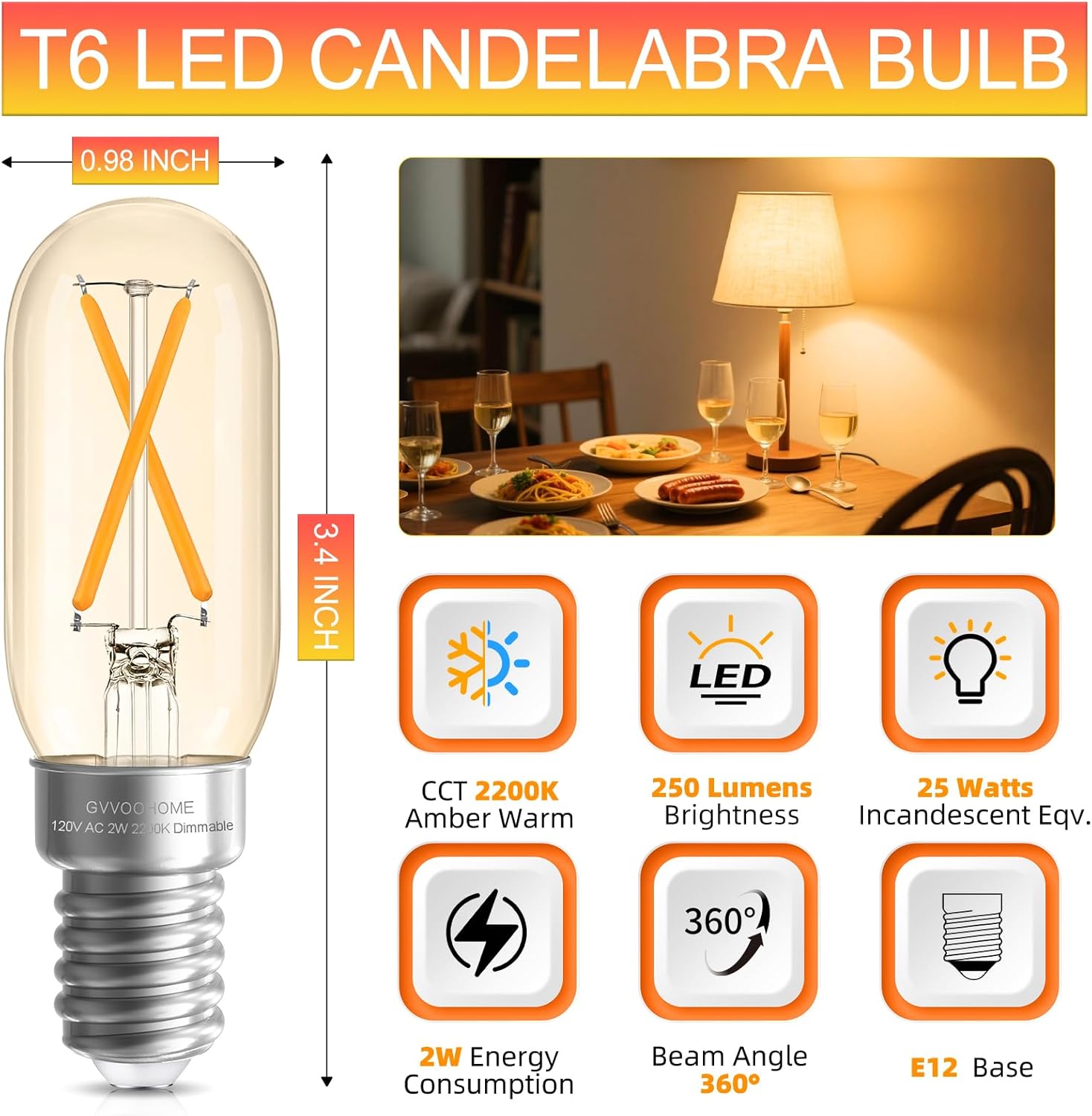 OPVM-Dimmable T6 led Bulb 2200K Amber Warm, 2W, 25 watt Equivalent ...