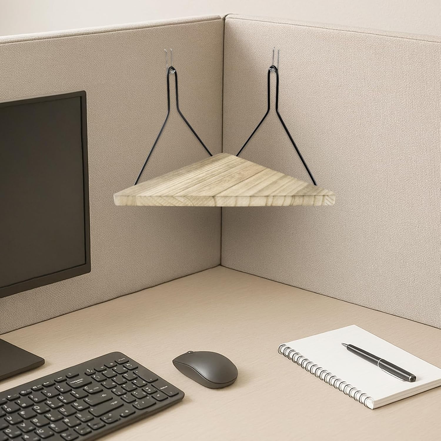 OPVM-Fabric Wall Cubicle Corner Shelf with Hooks 11.8 Inch Wooden ...