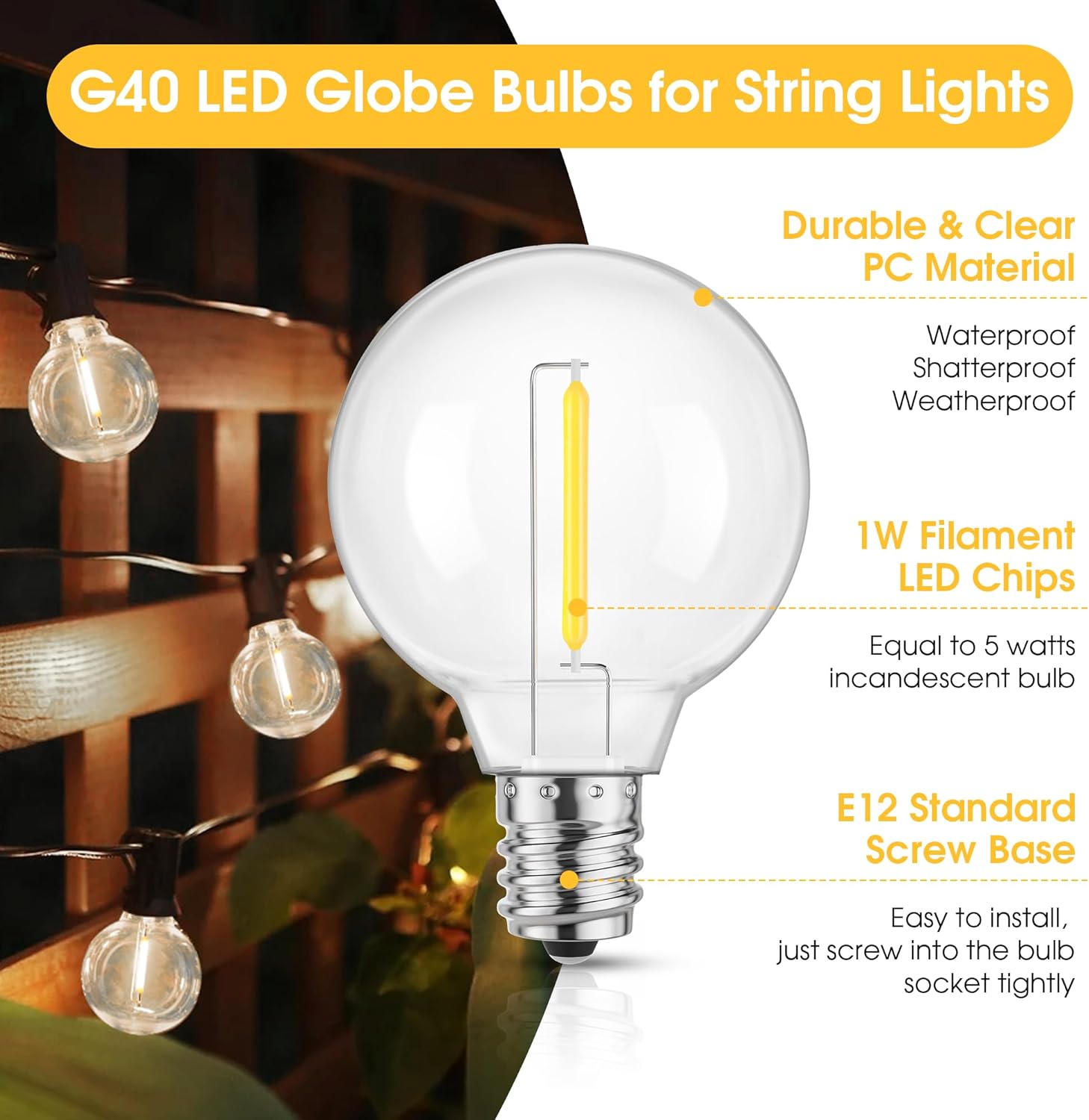 OPVM-G40 LED Replacement Light Bulbs for String Lights, Dimmable E12 ...