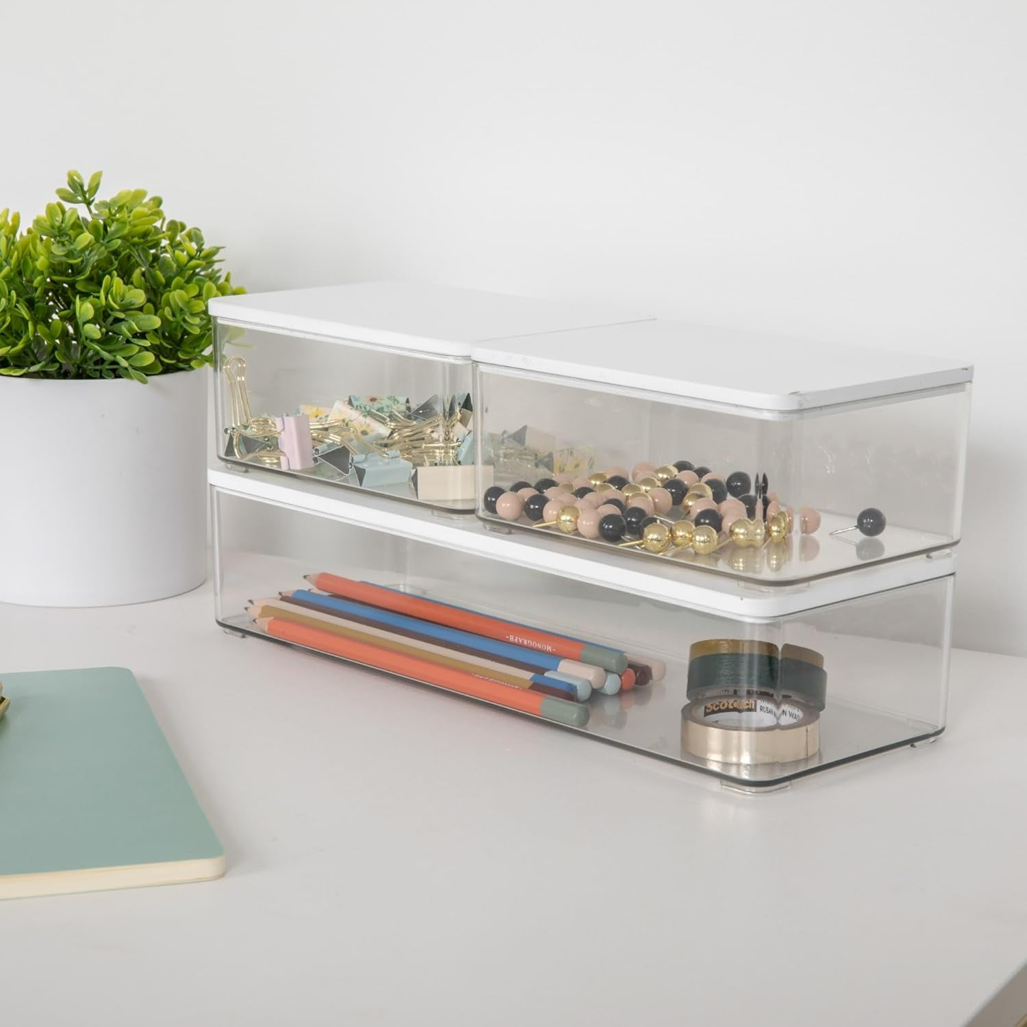 OPVM-Grady Clear Plastic Stackable Storage Boxes with White Engineered ...
