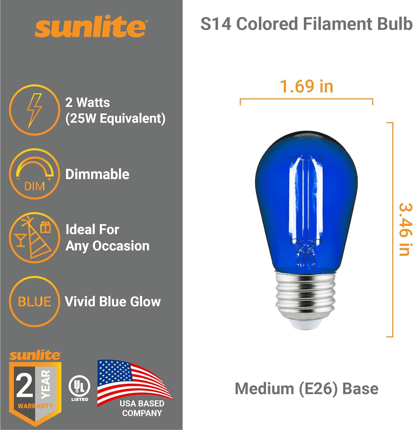 Sunlite LED S14 String Light Bulb - 2W (25W Eqiv.), Amber, E26 Base, Dimmable, For Party & Holiday Decor (1-Pack)