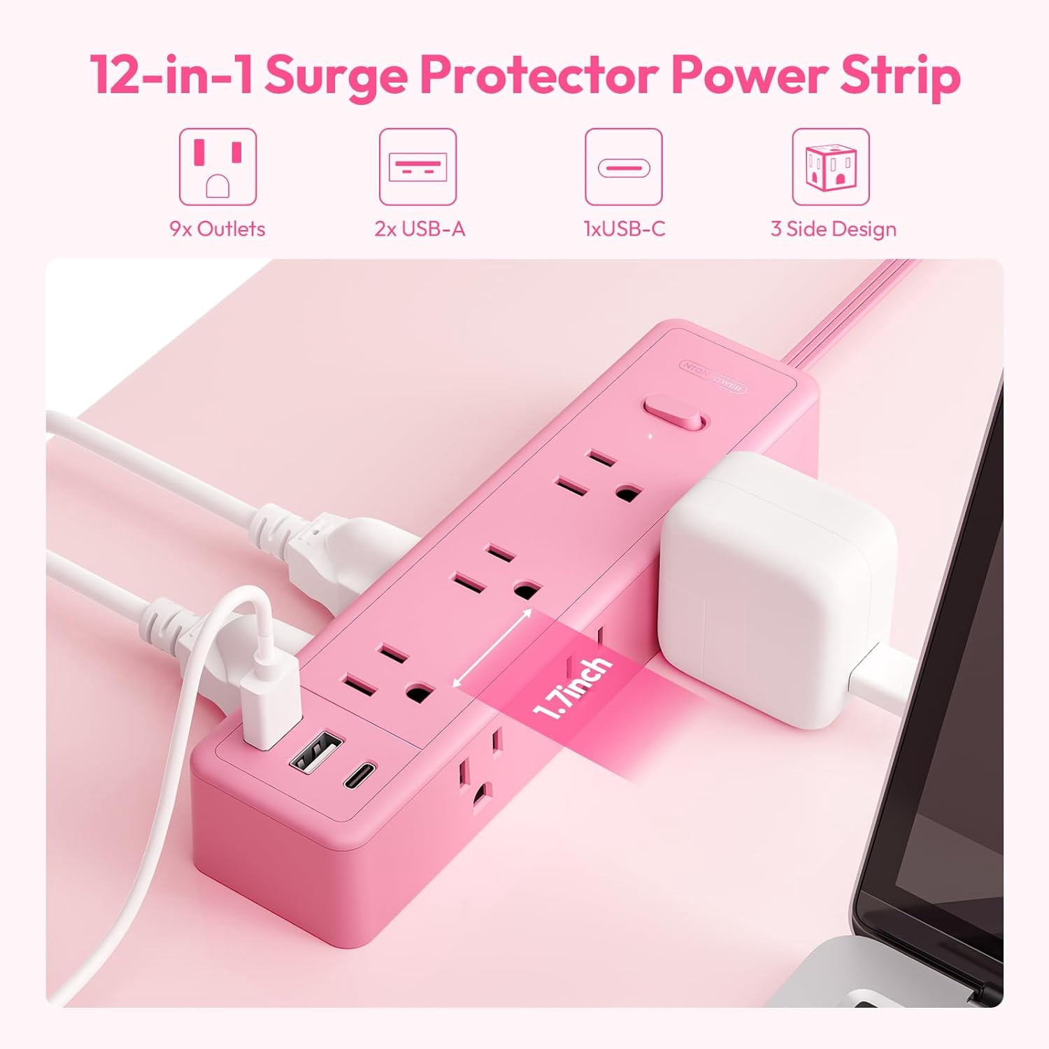 OPVM-Pink Power Strip, Surge Protector Power Strip, Cute Pink Extension Cord 5FT, 9 Outlets 3 USB (1 USB C), Mounted, 1080J, Multiple Outlets for Home Office, Kawaii, Desk Accessories, Women