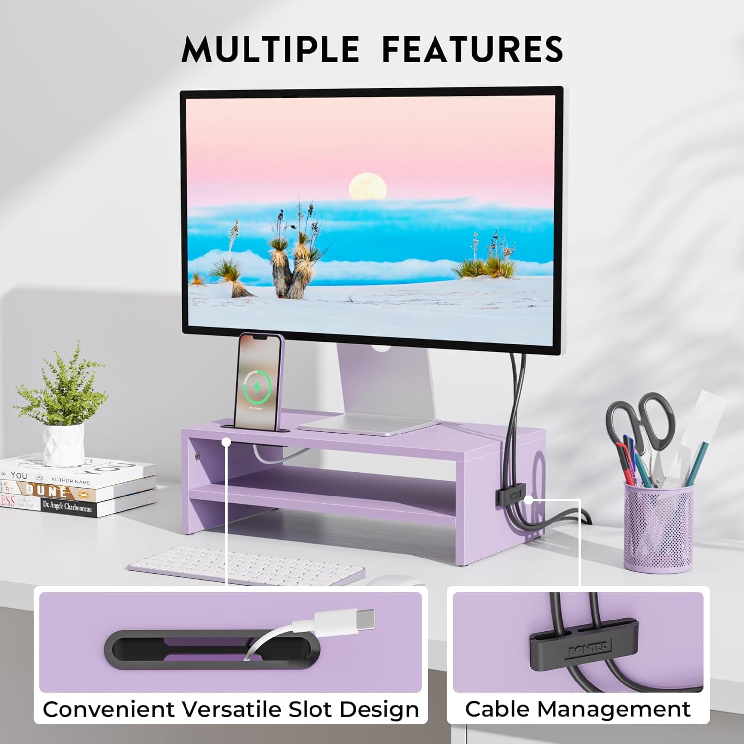 OPVM-Wooden Monitor Stand Riser, 2-Tier Desk Shelf with Storage ...