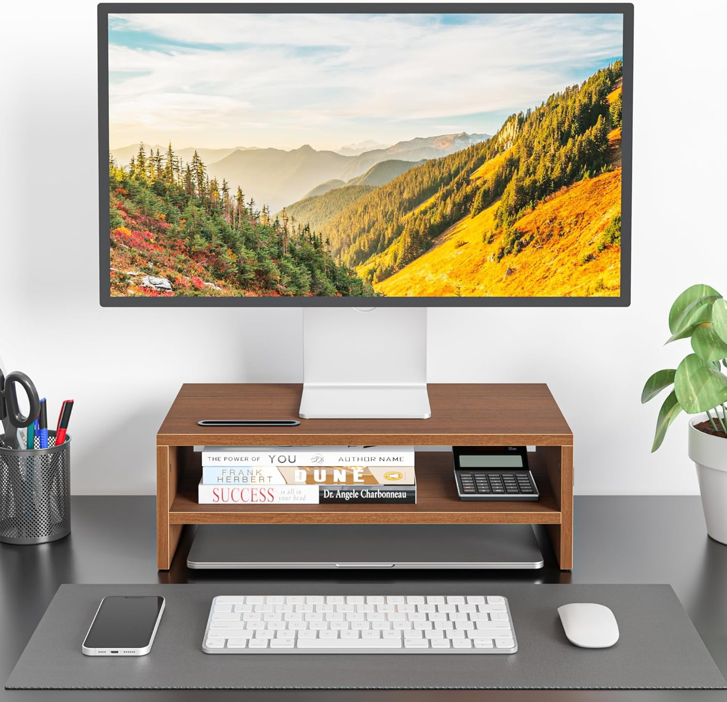 OPVM-Wooden Monitor Stand Riser, 2-Tier Desk Shelf with Storage ...