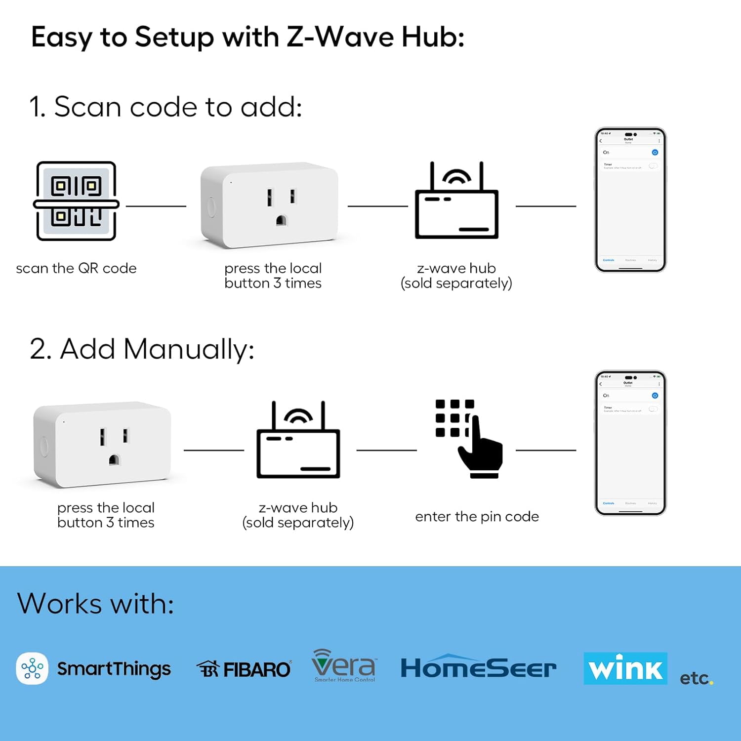 Z-Wave Smart Plug 700 Series - Requires Hub, Works With Alexa, Google, 15A, S2 Security