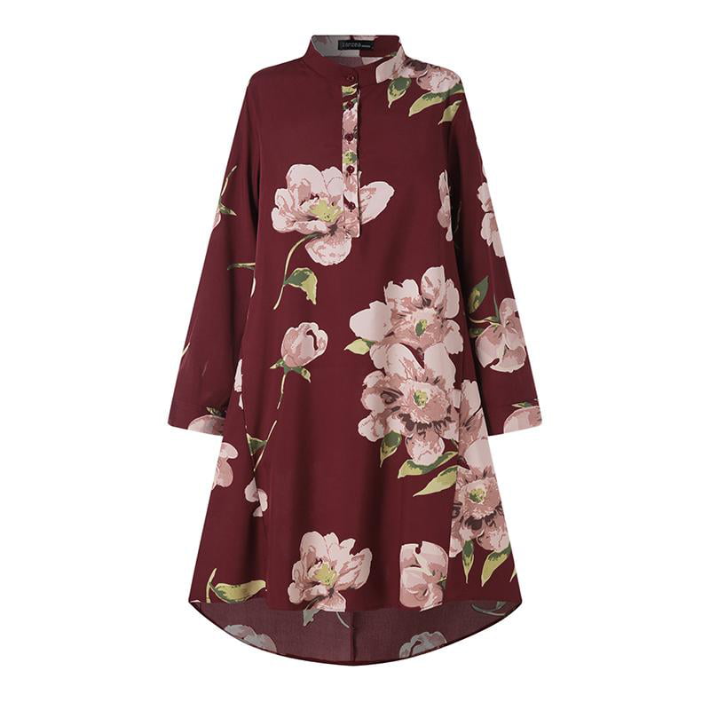 OQC Lady All-Season Women Crew neck Long Sleeve polyester Floral Original  Design A-Line Knee Length Tops T-shirts Blouse Pullover 
