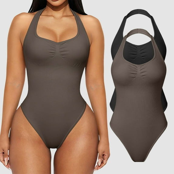 OQQ Women Bodysuits Sexy Ribbed Unique Square Neck Sleevess Stretch Tank Tops Bodysuits