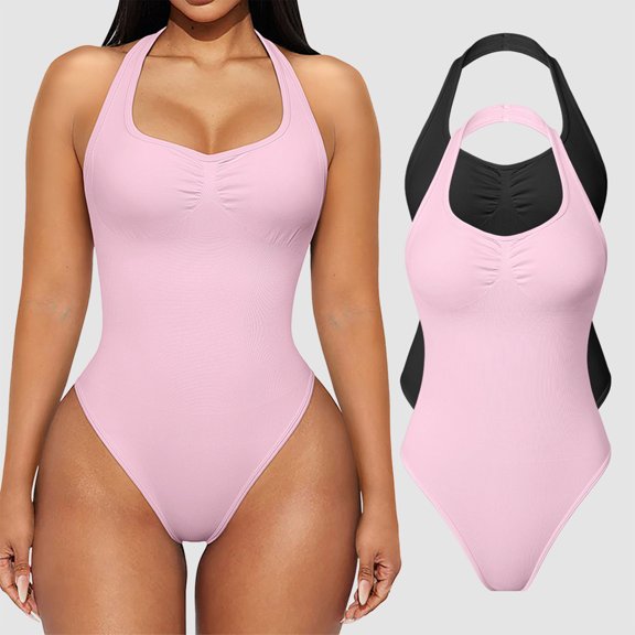 OQQ Women Bodysuits Sexy Ribbed Unique Square Neck Sleevess Stretch Tank Tops Bodysuits