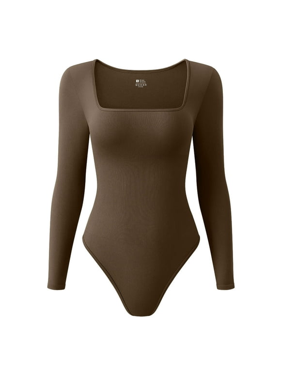 Women's 1 Piece Bodysuits Ribbed One Piece Square Neck Long Sleeve Bodysuits