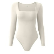 OQQ Women's 1 Piece Bodysuits Ribbed One Piece Square Neck Long Sleeve Bodysuits