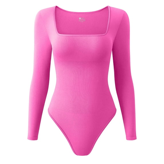 OQQ Women's 1 Piece Bodysuits Ribbed One Piece Square Neck Long Sleeve Bodysuits