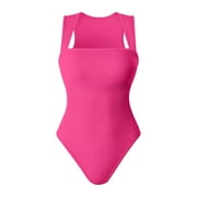 OQQ Women's Bodysuits Sexy Ribbed Strappy Square Neck Sleeveless Tummy Control Tank Tops Bodysuits