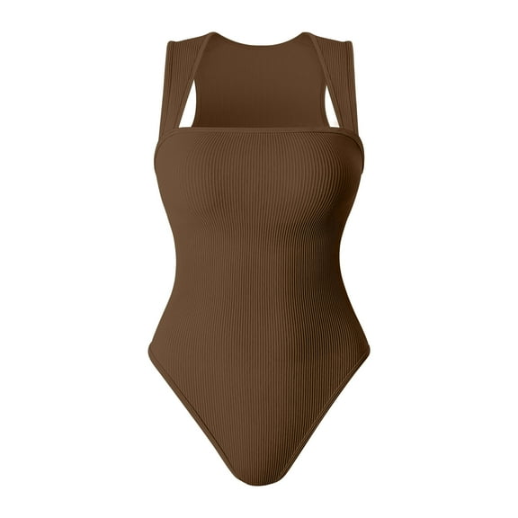 OQQ Women's Bodysuits Sexy Ribbed Strappy Square Neck Sleeveless Tummy Control Tank Tops Bodysuits