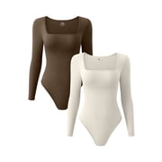 OQQ Women's 2 Piece Bodysuits Ribbed One Piece Square Neck Long Sleeve Bodysuits