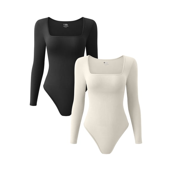 OQQ Women's 2 Piece Bodysuits Ribbed One Piece Square Neck Long Sleeve Bodysuits