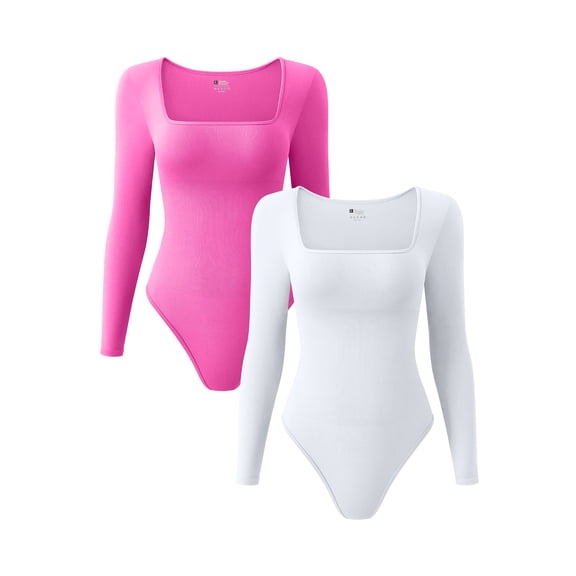 OQQ Women's 2 Piece Bodysuits Ribbed One Piece Square Neck Long Sleeve Bodysuits