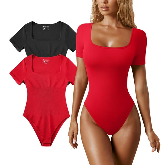 OQQ Women's 2 Piece Bodysuits Sexy Ribbed One Piece Square Neck Short Sleeve Bodysuits