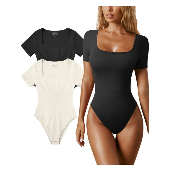OQQ Women's 2 Piece Bodysuits Sexy Ribbed One Piece Square Neck Short Sleeve Bodysuits