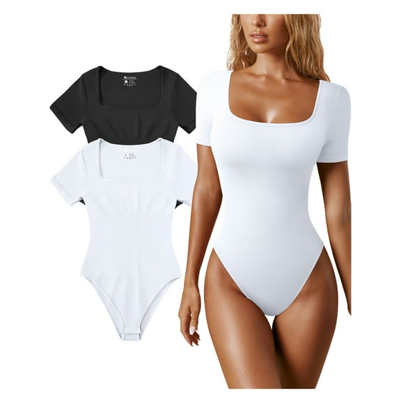 OQQ Women's 2 Piece Bodysuits Sexy Ribbed One Piece Square Neck Short Sleeve Bodysuits