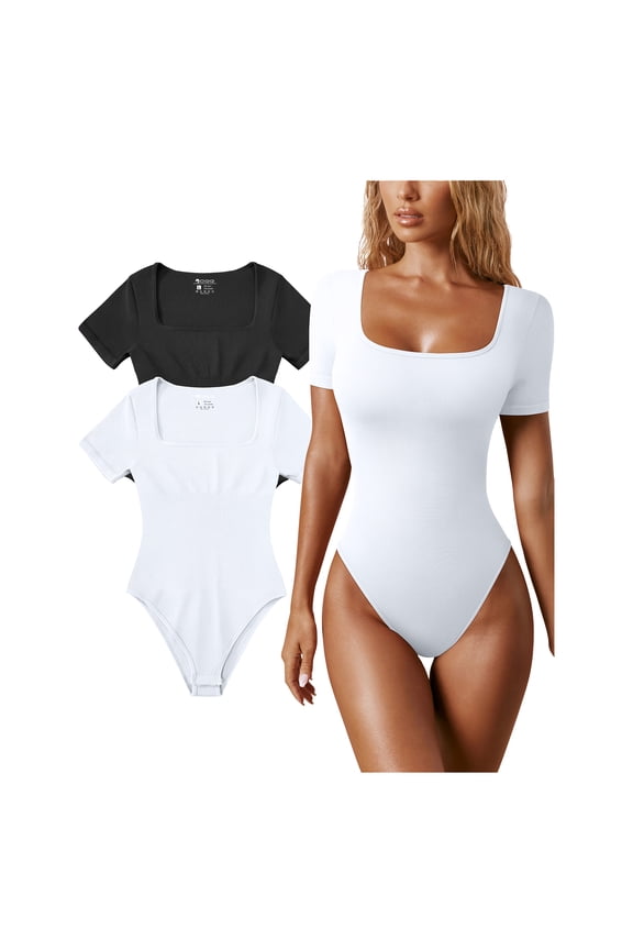 Women's 2 Piece Bodysuits Sexy Ribbed One Piece Square Neck Short Sleeve Bodysuits
