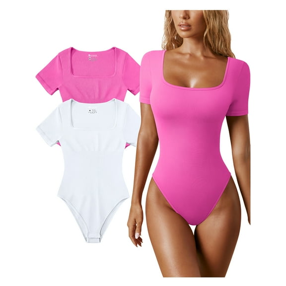 OQQ Women's 2 Piece Bodysuits Sexy Ribbed One Piece Square Neck Short Sleeve Bodysuits