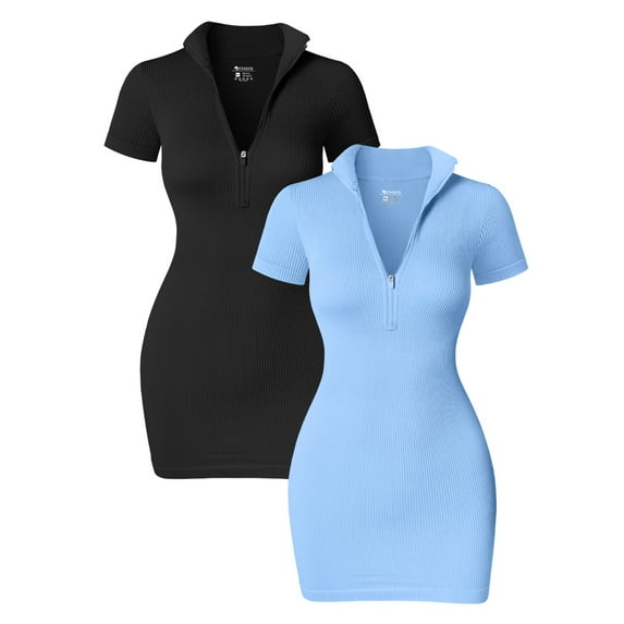 OQQ Women's 2 Piece Dresses Sexy Ribbed Zip Front Short Sleeve Stretch Tops Mini Dress