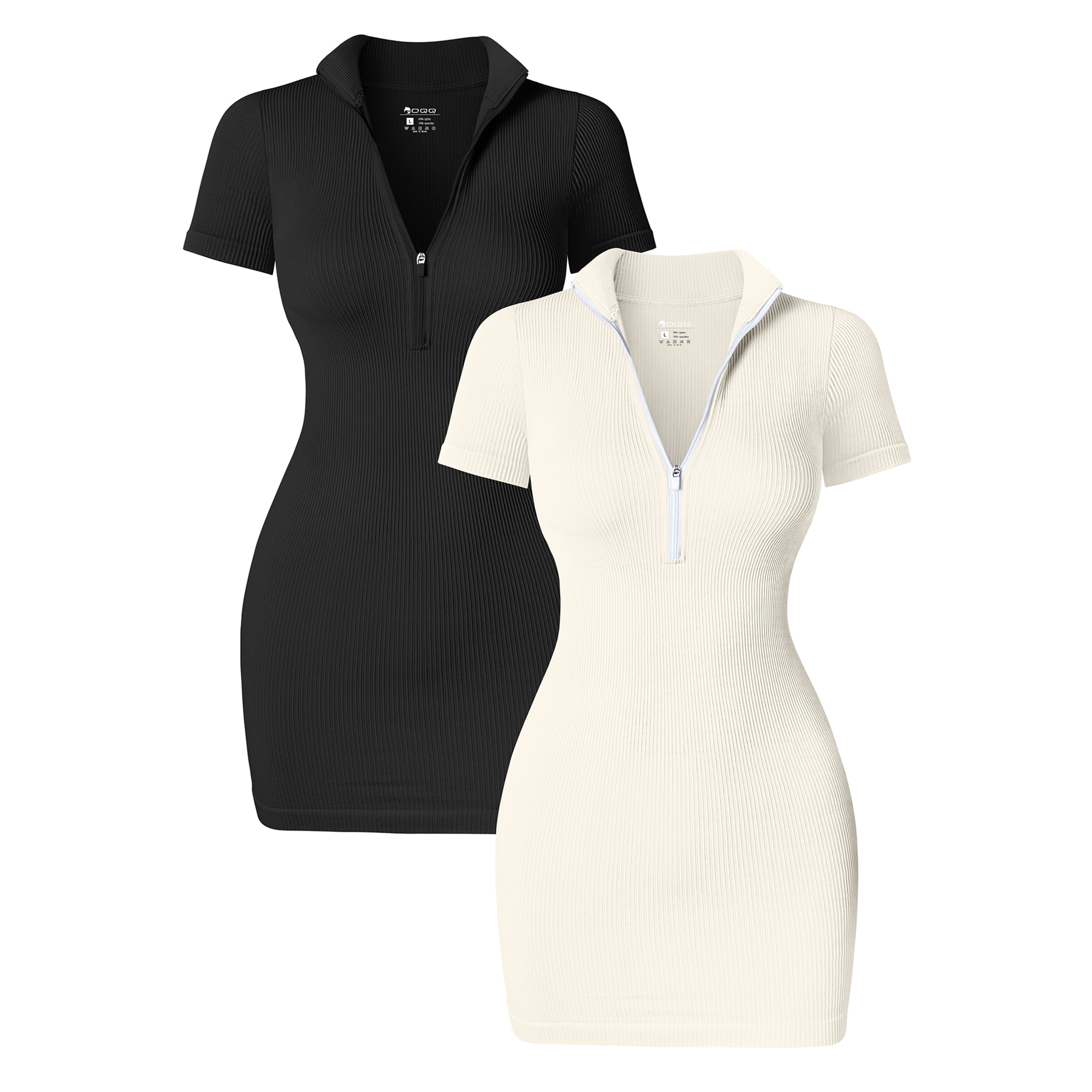 OQQ Women's 2 Piece Dresses Sexy Ribbed Zip Front Short Sleeve Stretch Tops Mini Dress